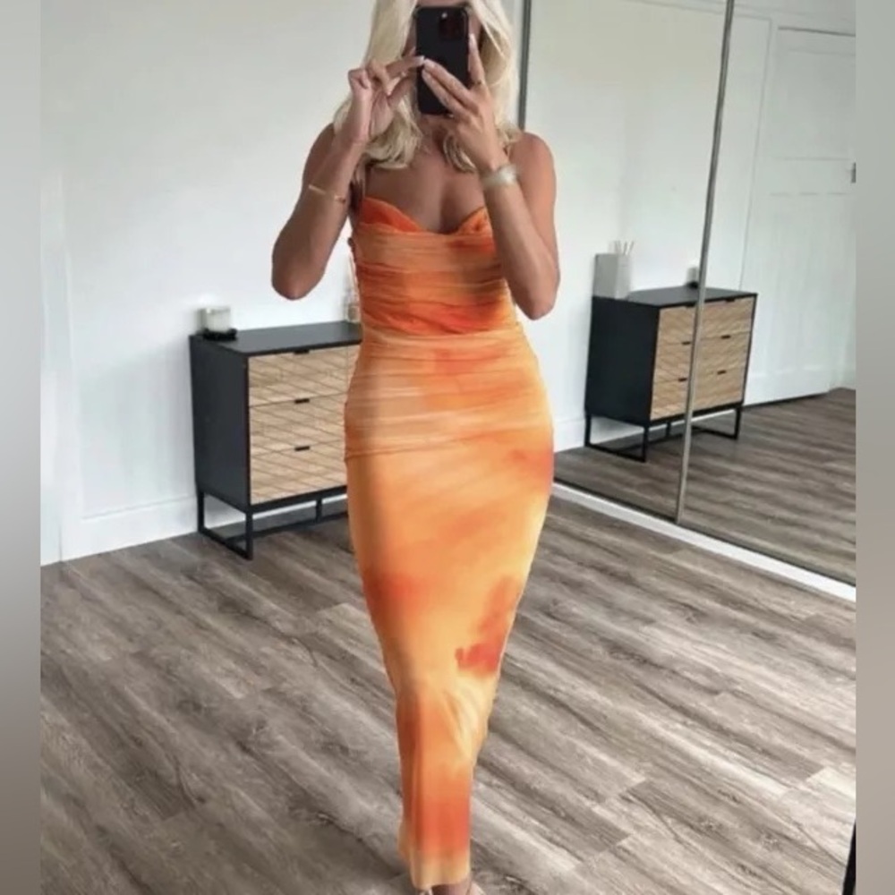 🧡💛NWT ZARA DRAPED PRINTED TULLE DRESS, SIZE L - Picture 9 of 10